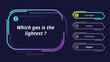 Quiz questions d test menu choice for game, vector template frames. Quiz game multiple questions and answers options menu with letters, UI background layout for intellectual guess game show
