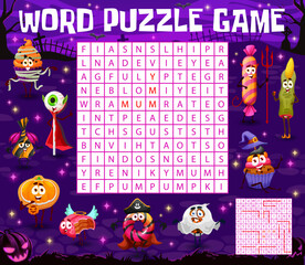 Wall Mural - Word search puzzle game. Cartoon Halloween candy characters on cemetery vector puzzle. Riddle or quiz game worksheet with Halloween trick or treat sweets in shape of pumpkin, ghost, mummy and bat