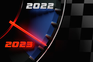 3D illustration close up black speedometer with cutoffs 2022,2023. The concept of the new year and Christmas in the automotive field. Counting months, time until the new year.