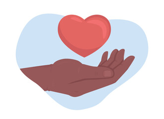 Poster - humanitarian help 2d vector isolated illustration. palm and heart flat hand gesture on cartoon backg
