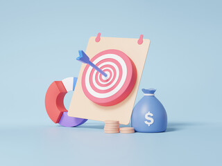 Fototapete - Bag stack coins, business financial graph economics analytics. chart growth target planning cost reduction saving investment education concept. on sky blue pastel background. 3d render illustration