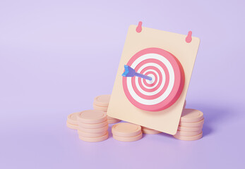 Poster - Paper with the bow stack coins, archer target planning isometric, vision, business financial growth investment education concept. achievement strategy on purple background. 3d render illustration