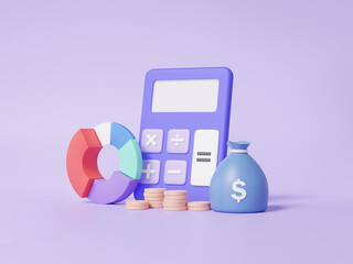 Poster - 3D illustration calculator bag fund finance education concept. basic math operation chart symbols calculatate math, plus, minus, multiplication, number divide cartoon minimal on purple background