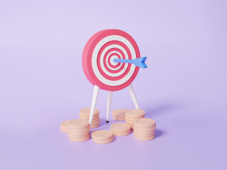 Poster - Stack coins and the bow, archer target planning isometric, vision, business financial growth on purple background. investment education concept. achievement strategy. 3d render illustration