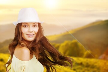 Canvas Print - stylish attractive slim smiling woman in summer style fashion trend outfit carefree and happy, feeli