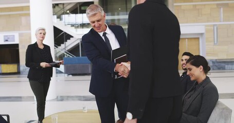 Aufkleber - Teamwork handshake of corporate people in a modern office building. Executive team feeling happy from unity in a conference. Group of professionals saying thank you after finishing up a proposal