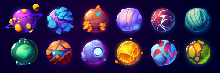 Poster - alien planets colorful cartoon set. creative vector illustration of fantastic cosmic objects with ro