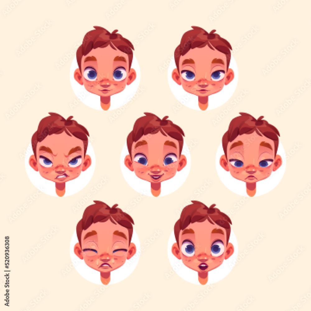 Little boy face with different emotions isolated on background. Vector ...