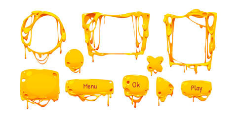 Poster - melted cheese buttons, cartoon set for game ui design. vector illustration kit of yellow round, squa