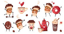 Cute Coffee Characters, Kawaii Banner. Set Of Happy Cups, Mugs And Bean With Hot Beverage. Take Away Card, Poster Template Design.