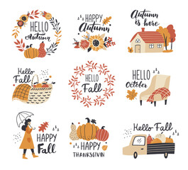 Autumn collection with calligraphy design elements. Fall leaves, pumpkins, wreaths, and other. Perfect for web, card, poster, cover, tag, invitation, sticker kit. Vector illustration