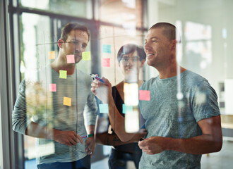 Poster - Business people meeting at office and manager giving presentation and writing creative ideas on sticky notes. Team leader discussing and brainstorming with his serious coworkers and colleagues