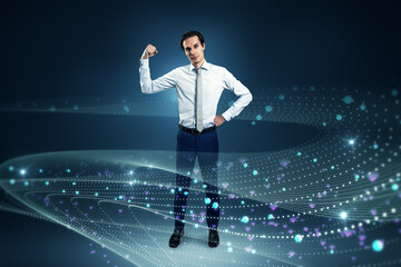 Poster - Attractive young european businessman flexing muscles on abstract glowing blue metaverse background. Digital world and technology concept.