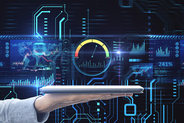 Poster - Close up of hand holding tablet with high-tech sensor circuit board panel hologram with business chart. Technology, finance and digital communication concept on dark background. Double exposure.