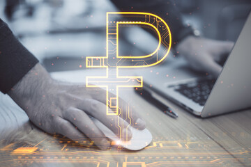 Aufkleber - Close up of male hands using laptop and computer mouse on desktop with creative glowing Russian ruble hologram on blurry background. Digital money and online banking concept. Double exposure.