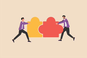 Wall Mural - Business men team succeed solve jigsaw puzzle. Collaboration work together to solve problem. Training and workshop business concept. Vector Illustration.