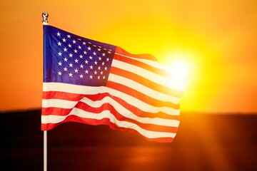 Poster - American flag waving in the sunrise. American flag for Memorial Day,4th of July,Labour Day.Independence Day concept.