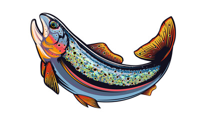 Wall Mural - Rainbow trout jumping out water.Salmon isolated on white background. Concept art for horoscope, tattoo or colouring book.