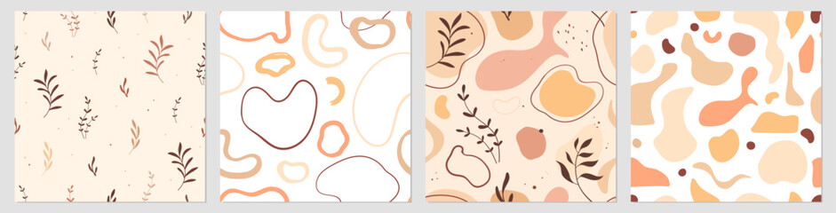 Wall Mural - Vector set. Seamless patterns with abstract shapes and leaves. Colorful background. Hand drawn illustrations. Texture for print, textile, fabric, packaging.
