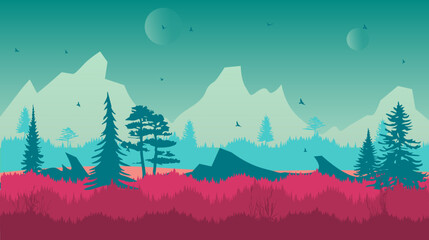 Beautiful landscape with forest, mountains, and sunset in vector format. Trendy illustration for postcards, wallpaper, banners. Panorama view of wild nature. Hand drawn enviroment.