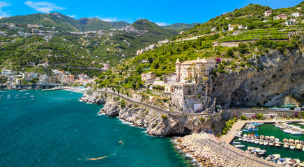 Wall Mural - Amazing aerial view of Maiori and Minori along Amalfi Coast in summer season, Italy. Drone viewpoint