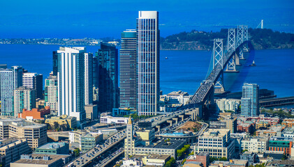 Poster - Aerial view of Downtown San Francisco and Bay Bridge from helicopter, California - USA