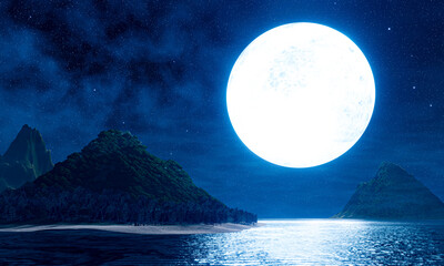 Wall Mural - Wide grasslands with pine trees and mountains alternate in background. Full moon night bright stars are filling the sky. Night mountain scenery . 3D Rendering