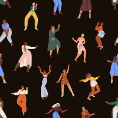 Poster - Women dancing pattern. Seamless background with happy young girls dancers print. Diverse females dance at night party, endless repeating texture design. Colored flat graphic vector illustration