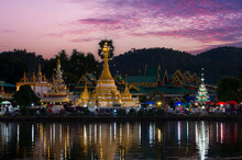 Viewpoint Of Wat Phra That Chong Klang In The Evening, Beautiful Market In Front Of The Temple, Mae Hong Son, Thailand. Phra That Chong Klang Temple.