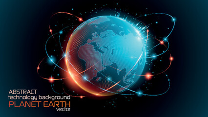 Poster - Black blue tech futuristic background. Vector. Sunrise. Satellites and rockets in orbit of planet Earth. Plasma clot of energy. Glowing rays with flickering particles. Science and technology.