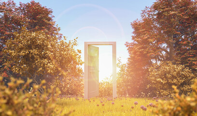 An open door in the meadow, 3d render