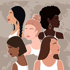 Wall Mural - Diverse women with different skin colors together. Modern illustration