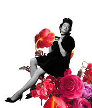 Contemporary Art Collage. Romantic Woman And Red Flowers. Concept Of Vintage And Retro Design, Creativity, Imagination, Inspiration, Artwork And Ad