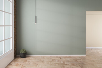 Room with green and beige walls, wooden floor with plant. Bright room interior mockup. Empty room for mockup. 3d rendering
