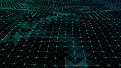 Wall Mural - Abstract 3d wire grid wave video, green and blue gradient with slow flowing particles, dynamic motion, triangular plexus geometry accent, polgonal surface, cyberspace backdrop, futuristic, movement