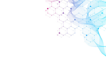 Poster - Molecular structure background. Science template wallpaper or banner with a DNA molecules. Asbtract molecule background with hexagons, wave flow, illustration.