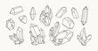 Various crystals and gemstones of different sizes and shapes. Vector hand drawn outline illustration. All elements are isolated.