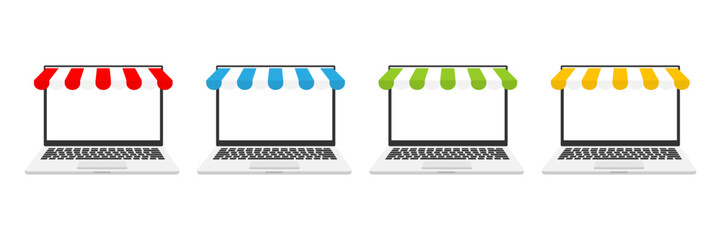 Poster - Laptop with colorful awning set. Online shopping with empty laptop screen collection. Vector illustration isolated on white.