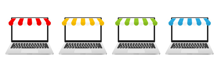 Poster - Laptop with colorful awning set. Online shopping with empty laptop screen collection. Vector illustration isolated on white.