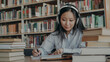 © silverkblack - Pretty positive smiling asian student with headphones on head listening to music is sitting at table in university library holding book and writing down summary