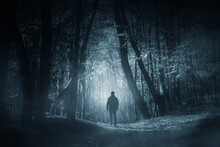 Man Walking On Forest Path At Night