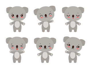 Wall Mural - Cartoon koala kawaii style emoji. Baby koala character set various emotions. Kawaii animal facial expressions - calm, happy, laughing, smiling, waving, winking. Cute koala bear character chibi style.