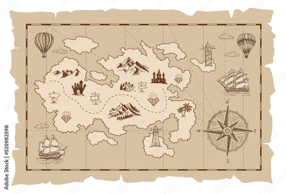 Old treasure map vector sketch. Hand drawn illustrations, vector. Stock ...