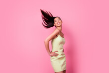 Photo Of Pretty Dreamy Girl Dressed Yellow Sarafan Dancing Smiling Closed Eyes Isolated Pink Color Background