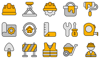 Canvas Print - Set of Vector Icons Related to Construction. Contains such Icons as Helmet, Maintenance, Paint Bucket, Vest, Wheelbarrow, Worker and more.