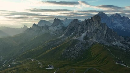Wall Mural - View from above, stunning aerial view of the Giau pass during a beautiful sunset. The Giau Pass is a high mountain pass in the Dolomites in the province of Belluno, Italy