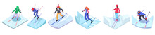 Cross-country Skiing. Set Of Cross Country Skiers. Winter Sports Activity. Young Advanced Man And Woman Skier On Ski. Isometric Vector Illustration.