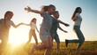 © maxximmm - kids run in the park at sunset. friendly family children camp kid dream concept. fun a group of children run on the grass at the rays of the sun silhouette. childhood sunset dream teamwork concept