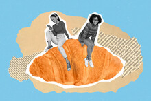 Exclusive Minimal Ad Collage Of Two Smiling Young Girls Students Sitting Huge Fresh Baked Croissant Isolated Pastel Blue Color Background