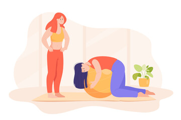 Wall Mural - Sad or tired cartoon woman training at gym. Exhausted girl with exercise ball flat vector illustration. Fatigue or weakness, fitness concept for banner, website design or landing web page